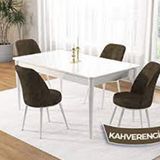 Canisa Kar Serisi 80x132 Açılabilir Mdf Beyaz Mermer Desen 4 Kahverengi Sandalye ve 1 Bench Kahverengi Masa Takımı