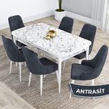 Canisa Kar Serisi 80x132 Açılabilir Mdf Beyaz Mermer Desen Masa Takımı ve 6 Adet Antrasit Sandalye