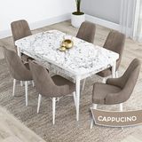 Canisa Kar Serisi 80x132 Açılabilir Mdf Beyaz Mermer Desen Masa Takımı ve 6 Adet Cappucino Sandalye