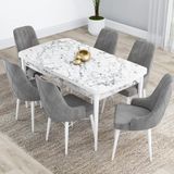Canisa Kar Serisi 80x132 Açılabilir Mdf Beyaz Mermer Desen Masa Takımı ve 6 Adet Gri Sandalye