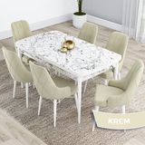 Canisa Kar Serisi 80x132 Açılabilir Mdf Beyaz Mermer Desen Masa Takımı ve 6 Adet Krem Sandalye