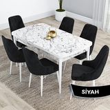 Canisa Kar Serisi 80x132 Açılabilir Mdf Beyaz Mermer Desen Masa Takımı ve 6 Adet Siyah Sandalye