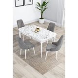 Canisa Kar Serisi 80x132 Açılabilir Mdf Beyaz Mermer Desenli Mutfak Masası Takımı 4 Gri Sandalye