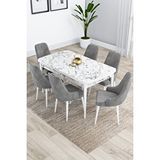 Canisa Kar Serisi 80x132 Açılabilir Mdf Beyaz Mermer Desenli Mutfak Masası Takımı 6 Gri Sandalye