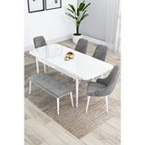 Canisa Kar Serisi 80x132 Açılabilir Mdf Beyaz Mutfak Masası Takımı 4 Gri Sandalye 1 Bench
