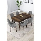 Canisa Kar Serisi 80x132 Açılabilir Mdf Mutfak Masa Takımı Barok Ahşap Desen Masa 6 Gri Sandalye Kahverengi