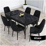 Canisa Kar Serisi 80x132 Açılabilir Mdf Siyah Mermer Desen Masa Takımı ve 6 Adet Siyah Sandalye