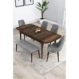 Canisa Kar Serisi 80x132 Mdf Barok Ahşap Desenli Masa 4 Gri Sandalye 1 Bench Mutfak Masası Takımı Kahverengi