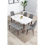 Canisa Kar Serisi 80x132 Mdf Beyaz Masa Ceviz Ayak Masa 4 Gri Sandalye 1 Bench Mutfak Masası Takımı