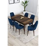Canisa Kar Serisi, Barok Ahşap Desen Masa 80x132 Açılabilir Mdf Yemek Odası Takımı 6 Lacivert Sandalye Kahverengi