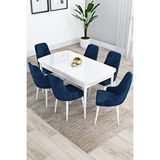 Canisa Kar Serisi, Beyaz Masa Açılabilir 80x132 Mdf Yemek Masası Takımı, 6 Lacivert Sandalye