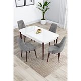 Canisa Kar Serisi Beyaz Masa Ceviz Ayak 80x132 Açılabilir Mdf Mutfak Masa Takımı 4 Gri Sandalye