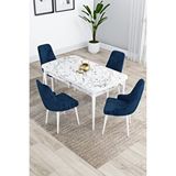 Canisa Kar Serisi, Beyaz Mermer Desen Açılabilir Mdf 80x132 Yemek Odası Takımı 4 Lacivert Sandalye