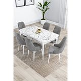 Canisa Kar Serisi, Beyaz Mermer Desen Masa Açılabilir 80x132 Mdf Mutfak Masa Takımı, 6 Gri Sandalye