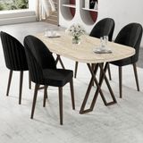Canisa Kaye Serisi MDF 90X168 Traverten Mutfak Masa Takımı 4 Siyah Sandalye - 90 x 168