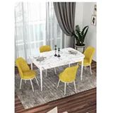 Canisa Kor Serisi 4 Sandalye Hardal Beyaz Mermer Desen 70x114 Açılabilir Mutfak Masa Takımı