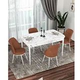 Canisa Kor Serisi 4 Sandalye Kiremit Beyaz Mermer Desen 70x114 Açılabilir Mutfak Masa Takımı