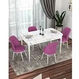 Canisa Kor Serisi 4 Sandalye Mor Beyaz Mermer Desen 70x114 Açılabilir Mutfak Masa Takımı