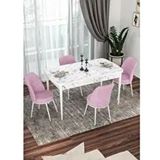 Canisa Kor Serisi 4 Sandalye Pembe Beyaz Mermer Desen 70x114 Açılabilir Mutfak Masa Takımı
