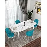 Canisa Kor Serisi 4 Sandalye Turkuaz Beyaz Mermer Desen 70x114 Açılabilir Mutfak Masa Takımı