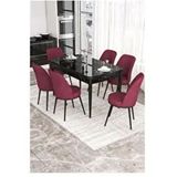Canisa Kor Serisi 6 Sandalye Bordo Siyah Mermer Desen 70x114 Açılabilir Mutfak Masa Takımı
