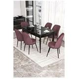 Canisa Kor Serisi 6 Sandalye Gül Kurusu Beyaz Mermer Desen 70x114 Açılabilir Mutfak Masa Takımı