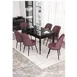 Canisa Kor Serisi 6 Sandalye Gül Kurusu Siyah Mermer Desen 70x114 Açılabilir Mutfak Masa Takımı