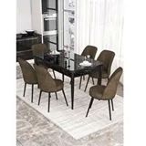 Canisa Kor Serisi 6 Sandalye Kahverengi Beyaz Mermer Desen 70x114 Açılabilir Mutfak Masa Takımı