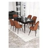Canisa Kor Serisi 6 Sandalye Kiremit Siyah Mermer Desen 70x114 Açılabilir Mutfak Masa Takımı