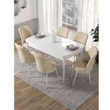 Canisa Kor Serisi 6 Sandalye Krem Beyaz Masa 70x114 Açılabilir Mutfak Masa Takımı