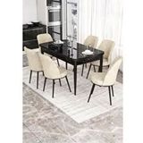 Canisa Kor Serisi 6 Sandalye Krem Siyah Mermer Desen 70x114 Açılabilir Mutfak Masa Takımı