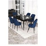 Canisa Kor Serisi 6 Sandalye Lacivert Siyah Mermer Desen 70x114 Açılabilir Mutfak Masa Takımı