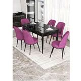 Canisa Kor Serisi 6 Sandalye Mor Beyaz Mermer Desen 70x114 Açılabilir Mutfak Masa Takımı
