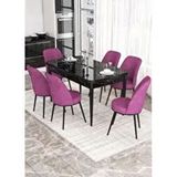 Canisa Kor Serisi 6 Sandalye Mor Siyah Mermer Desen 70x114 Açılabilir Mutfak Masa Takımı