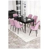 Canisa Kor Serisi 6 Sandalye Pembe Beyaz Mermer Desen 70x114 Açılabilir Mutfak Masa Takımı
