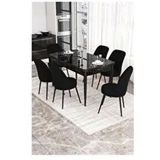 Canisa Kor Serisi 6 Sandalye Siyah Siyah Mermer Desen 70x114 Açılabilir Mutfak Masa Takımı