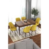 Canisa Kor Serisi 70x114 cm Açılabilir Mutfak Masası Takımı, Barok Desen Masa, 6 Hardal Sarısı Sandalye