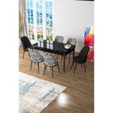 Canisa Kor Serisi 70x114 cm Açılabilir Mutfak Masası Takımı, Siyah Mermer Desen Masa, Zebra Desen Sandalye, 6 Kişilik