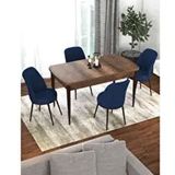 Canisa Kor Serisi Barok Ahşap Desen 70x114 cm Açılabilir 4 Sandalye Lacivert Mutfak Masası Takımı