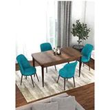 Canisa Kor Serisi Barok Ahşap Desen 70x114 cm Açılabilir 4 Sandalye Turkuaz Mutfak Masası Takımı