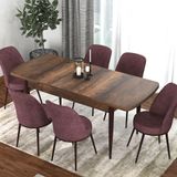 Canisa Kor Serisi Barok Ahşap Desen 70x114 cm Açılabilir 6 Sandalye Gül Kurusu Mutfak Masası Takımı