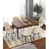 Canisa Kor Serisi Barok Ahşap Desen 70x114 cm Açılabilir 6 Sandalye Krem Mutfak Masası Takımı