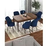 Canisa Kor Serisi Barok Ahşap Desen 70x114 cm Açılabilir 6 Sandalye Lacivert Mutfak Masası Takımı