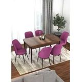 Canisa Kor Serisi Barok Ahşap Desen 70x114 cm Açılabilir 6 Sandalye Mor Mutfak Masası Takımı