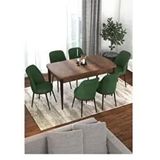 Canisa Kor Serisi Barok Ahşap Desen 70x114 cm Açılabilir 6 Sandalye Su Yeşili Mutfak Masası Takımı