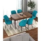 Canisa Kor Serisi Barok Ahşap Desen 70x114 cm Açılabilir 6 Sandalye Turkuaz Mutfak Masası Takımı