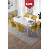 Canisa Kor Serisi Beyaz Açılabilir 70x114 cm MDF Yemek Masası Takımı, 6 Hardal Sarısı Sandalye
