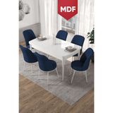 Canisa Kor Serisi Beyaz Açılabilir 70x114 cm MDF Yemek Masası Takımı, 6 Lacivert Sandalye