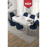 Canisa Kor Serisi, Beyaz Açılabilir Mdf 70X114 Yemek Masa Takımı 6 Lacivert Sandalye