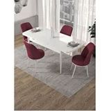 Canisa Kor Serisi Beyaz Masa 70x114 cm Açılabilir 4 Sandalye Bordo Mutfak Masası Takımı